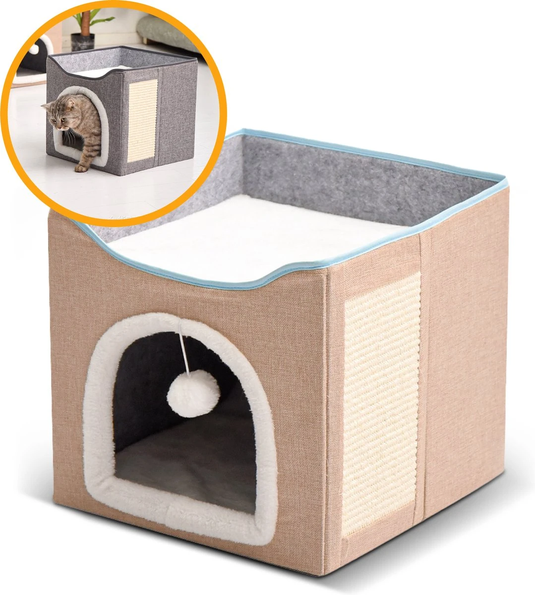 MIRO Katten Huis - Kattenhuizen - Kattenhok - Kattenmand - Dierenhuis - Opvouwbaar - Met Krabmat - Abrikoos 1 MIRO Katten Huis - Kattenhuizen - Kattenhok - Kattenmand - Dierenhuis - Opvouwbaar - Met Krabmat - Abrikoos