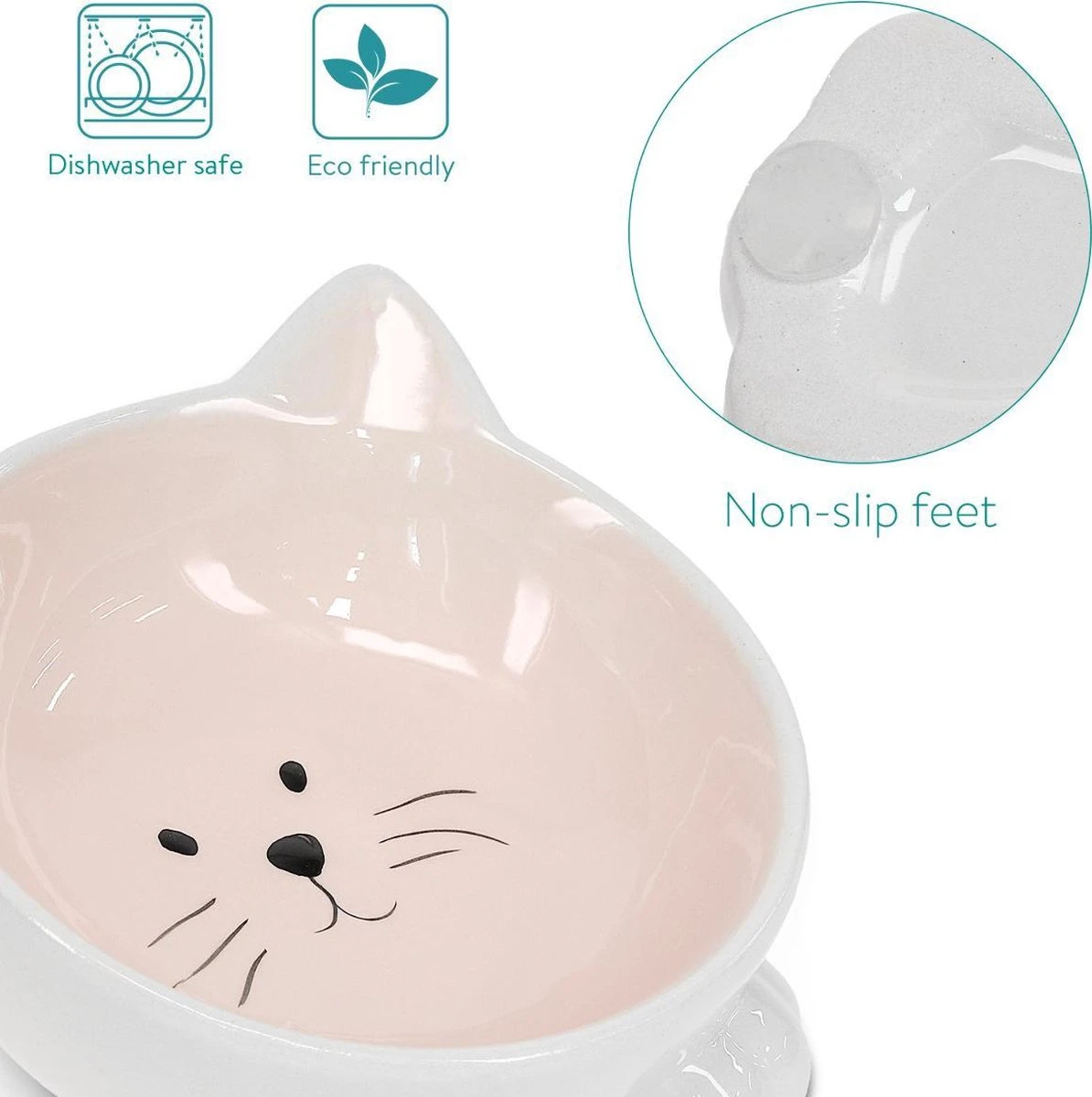 Navaris Voerbakjes Voor Katten - Set Van 2 Voer- En Waterbakken - Etensbak Van Keramiek - Met Antislip Voetjes - Kattenvorm - Roze/Groen 6 Navaris Voerbakjes Voor Katten - Set Van 2 Voer- En Waterbakken - Etensbak Van Keramiek - Met Antislip Voetjes - Kattenvorm - Roze/Groen - Afbeelding 6