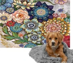 Ulticool – Zachte Fleece Deken - 100x150 Cm – Bloemen Natuur Kunst - Dubbelzijdige Plaid Voor Huisdier - Versiering Voor Huiskamer - Accessoire Op De Bank - Achterbank Auto - Kofferbak – Warme Grijze Warmtedeken Voor Kat Poes Hond Hondenmand