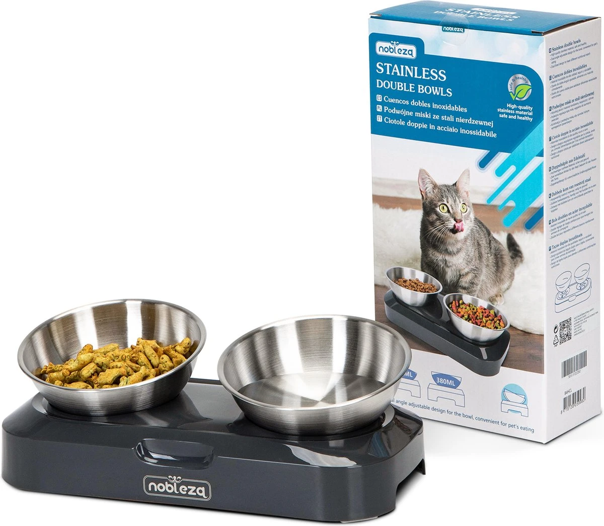 Nobleza Katten Voerbakjes - Ergonomische Dubbele Voerbak - Anti Braak Voerbak Voor Katten - Zwart - Dubbel - RVS 7 Nobleza Katten Voerbakjes - Ergonomische Dubbele Voerbak - Anti Braak Voerbak Voor Katten - Zwart - Dubbel - RVS - Afbeelding 7