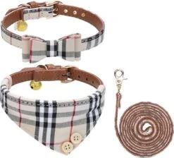 Pepets © Luxe Hondenriem Set – Halsband Hond – Bandana Hond – Strik Hond – Hondenstrik – Hondenhalsband – Leiband Hond -Beige Ruit - Maat S