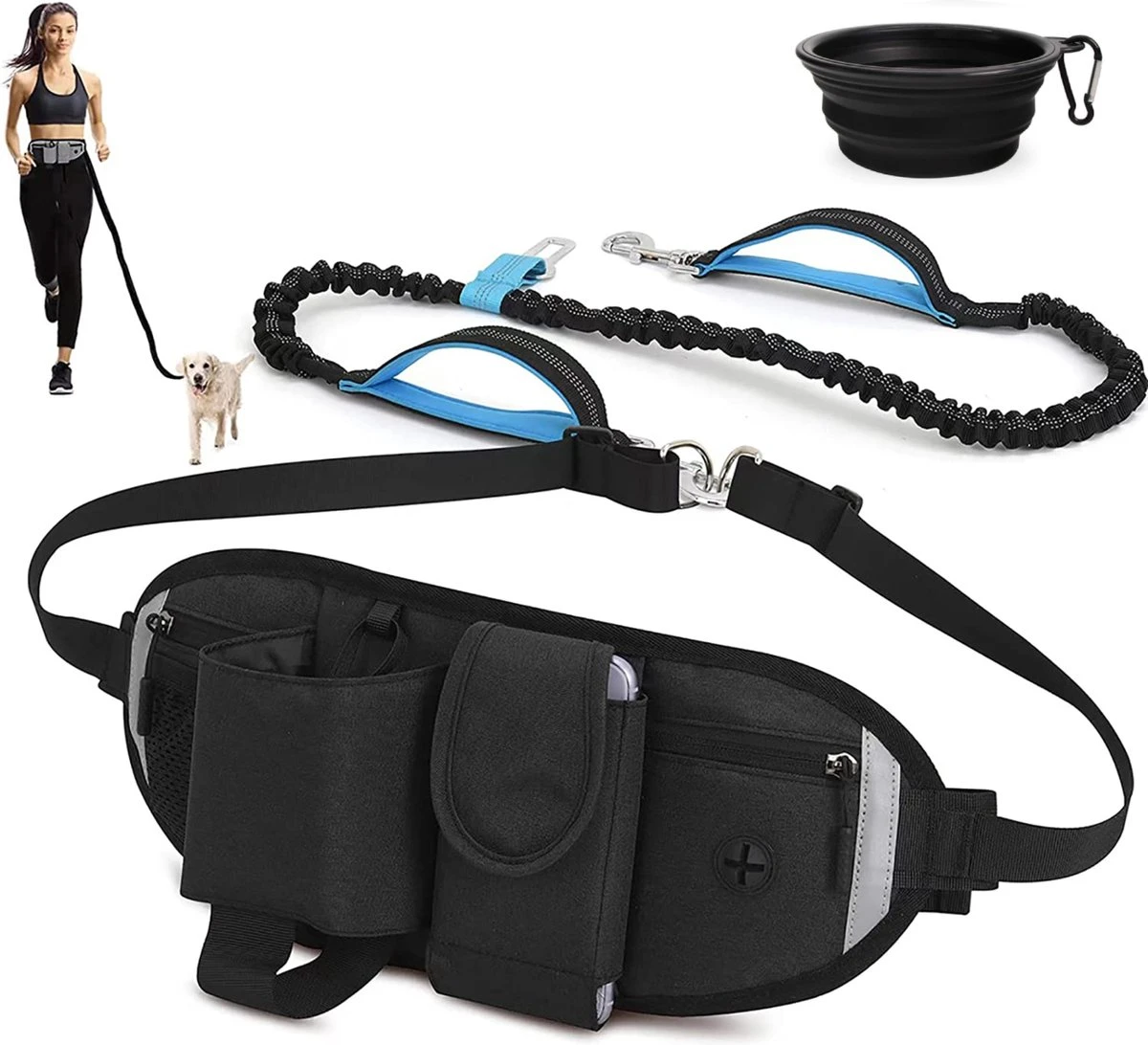 BOTC Looplijn Hond Met Heupriem Voor Hardlopen - Met Drinkbak Hond - Hondenriem - 1 Roll Poep Zakjes - Zwart 1 BOTC Looplijn Hond Met Heupriem Voor Hardlopen - Met Drinkbak Hond - Hondenriem - 1 Roll Poep Zakjes - Zwart