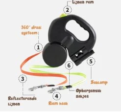 Dubbele Honden Riem – Leiband Hond – Hondenlijn – Looplijn Hond – 2 Honden – 3 Meter – Tot 12kg Per Hond – Reflecterende Lijnen – Met Zaklamp – 360° Draaien – Verstelbaar - Zwart -Dieren Product Winkel 1200x1111 5