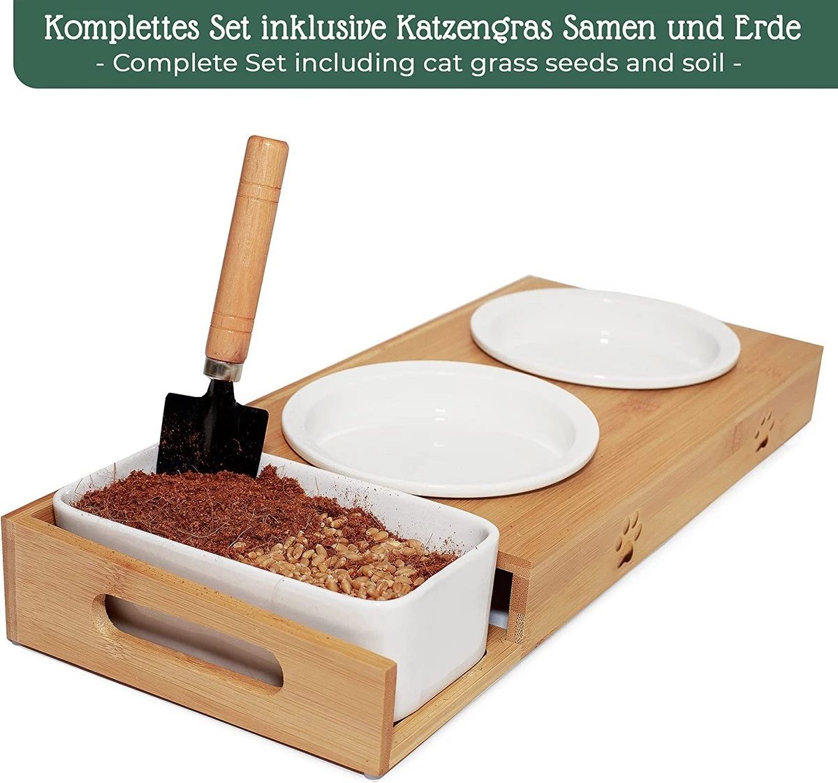 Pfotenolymp® Voederstation Met Kattengras Voor Katten - Porseleinen Kattenbak/Voedingsbak - Verhoogde Kom Set Met Kattengrasbak - Voerbak Hoog 2 Pfotenolymp® Voederstation Met Kattengras Voor Katten - Porseleinen Kattenbak/Voedingsbak - Verhoogde Kom Set Met Kattengrasbak - Voerbak Hoog - Afbeelding 2