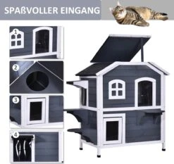 PawHut Kattenhuis Voor Buiten Kattenhut Met 2 Verdiepingen Kattenvilla, Asfaltdak, Massief Hout Grijs D30-236 17 PawHut Kattenhuis Voor Buiten Kattenhut Met 2 Verdiepingen Kattenvilla, Asfaltdak, Massief Hout Grijs D30-236 -Dieren Product Winkel 1200x1130 4