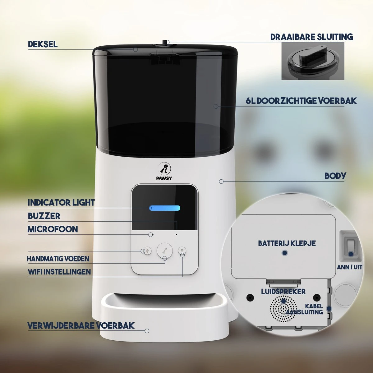 Pawsy® AR1 - Automatische Voerbak – Automatische Voerautomaat - Voerbak Kat En Hond - Wit - 6L - Smart App – Instelbaar Voedingsschema Voor Huisdier – GRATIS Opscheplepel 8 Pawsy® AR1 - Automatische Voerbak – Automatische Voerautomaat - Voerbak Kat En Hond - Wit - 6L - Smart App – Instelbaar Voedingsschema Voor Huisdier – GRATIS Opscheplepel - Afbeelding 8