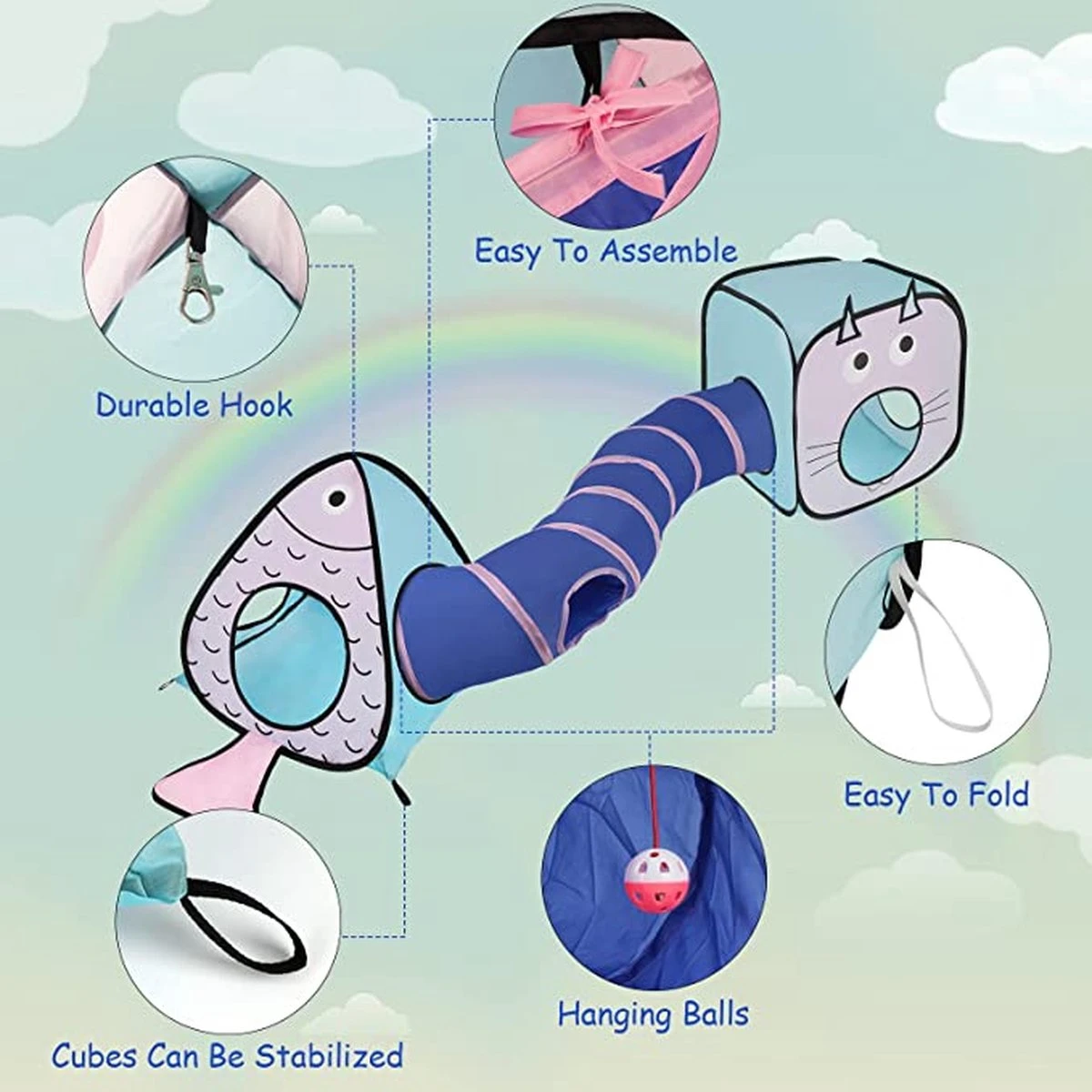 Fuegobird Kattentunnel - Tent+Tunnel 3 In 1 - Blauw/Roze 8 Fuegobird Kattentunnel - Tent+Tunnel 3 In 1 - Blauw/Roze - Afbeelding 8