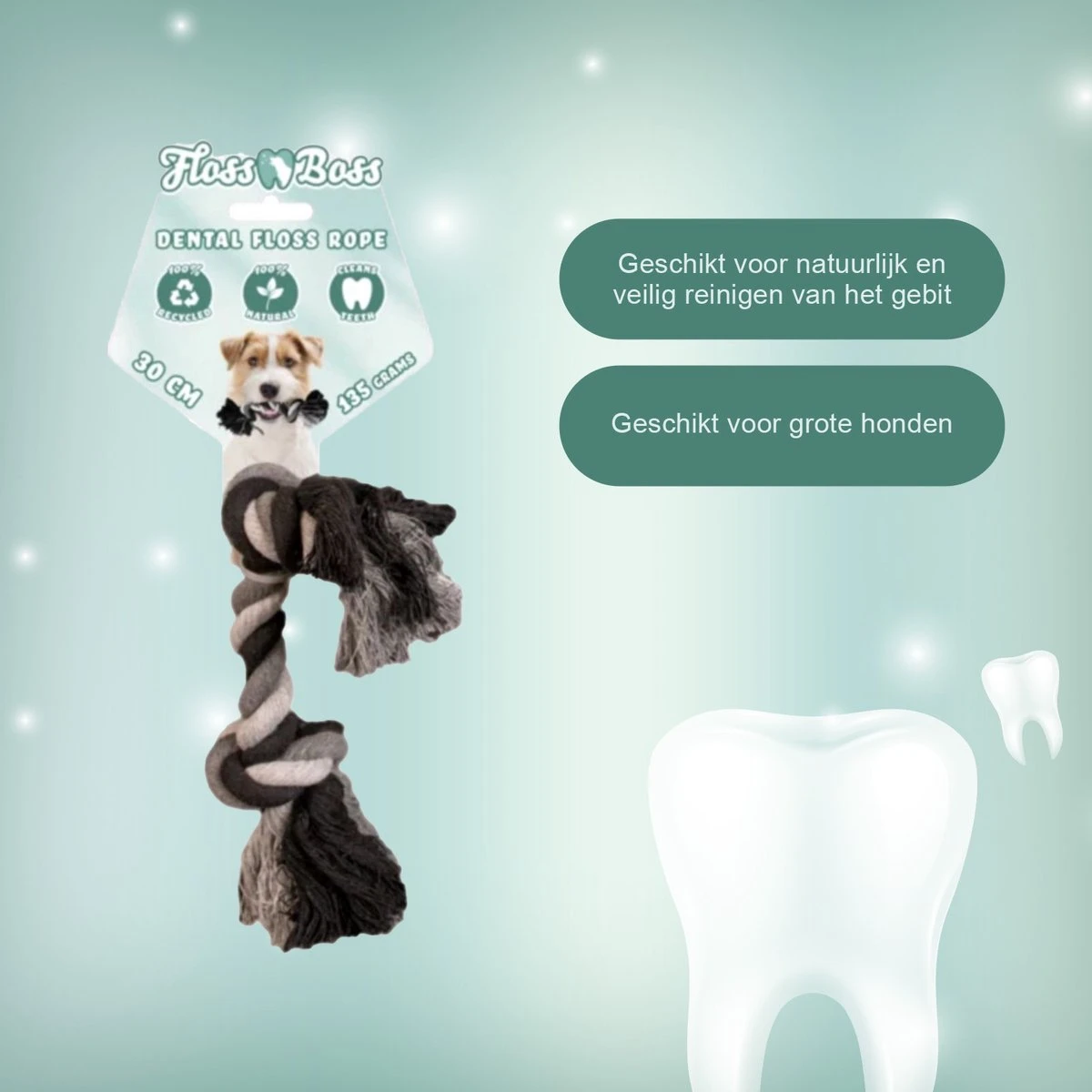 Floss Boss Flostouw – Zeer Stevig En Veilig Hondenspeelgoed – Hondentouw Van Gerecycled Katoen – Grijs Trektouw – 30cm - 135g – 2 Knopen 2 Floss Boss Flostouw – Zeer Stevig En Veilig Hondenspeelgoed – Hondentouw Van Gerecycled Katoen – Grijs Trektouw – 30cm - 135g – 2 Knopen - Afbeelding 2