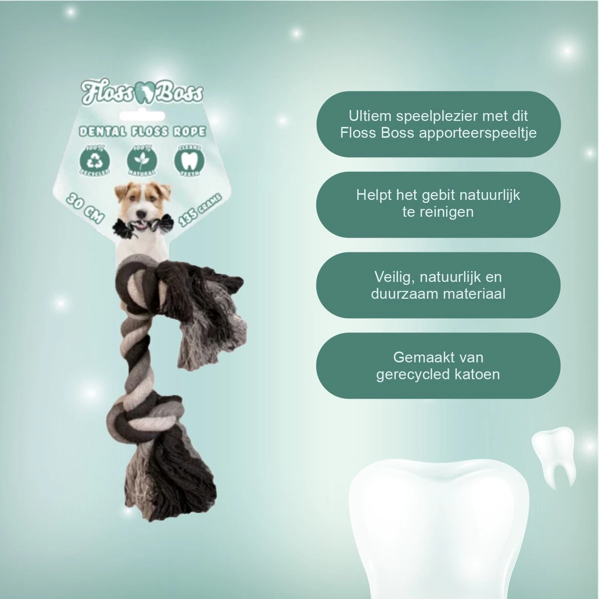 Floss Boss Flostouw – Zeer Stevig En Veilig Hondenspeelgoed – Hondentouw Van Gerecycled Katoen – Grijs Trektouw – 30cm - 135g – 2 Knopen 4 Floss Boss Flostouw – Zeer Stevig En Veilig Hondenspeelgoed – Hondentouw Van Gerecycled Katoen – Grijs Trektouw – 30cm - 135g – 2 Knopen - Afbeelding 4