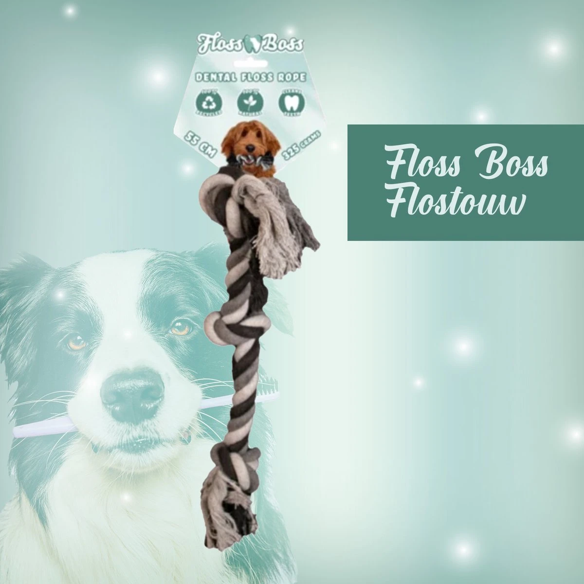 Floss Boss Flostouw – Zeer Stevig En Veilig Hondenspeelgoed – Hondentouw Van Gerecycled Katoen – Grijs Trektouw – 55cm – 325g – 3 Knopen 2 Floss Boss Flostouw – Zeer Stevig En Veilig Hondenspeelgoed – Hondentouw Van Gerecycled Katoen – Grijs Trektouw – 55cm – 325g – 3 Knopen - Afbeelding 2
