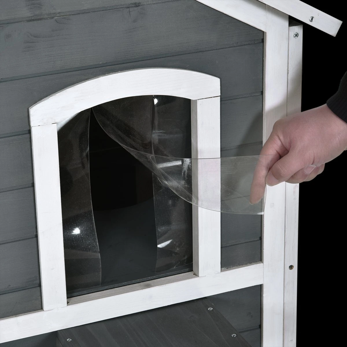 PawHut Kattenhuis Voor Buiten Kattenhut Met 2 Verdiepingen Kattenvilla, Asfaltdak, Massief Hout Grijs D30-236 3 PawHut Kattenhuis Voor Buiten Kattenhut Met 2 Verdiepingen Kattenvilla, Asfaltdak, Massief Hout Grijs D30-236 - Afbeelding 3