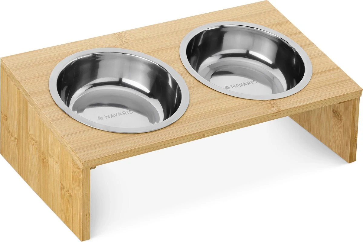 Navaris Verhoogd Dubbel Dieren Voedingsstation - 2 Kommen Voor Katten En Kleine Honden - Roestvrij Staal - Verhoogde Bamboe Standaard 1 Navaris Verhoogd Dubbel Dieren Voedingsstation - 2 Kommen Voor Katten En Kleine Honden - Roestvrij Staal - Verhoogde Bamboe Standaard