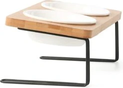 Verhoogde Bamboe Katten Voerbak – Voerbak Kat Keramiek – Drinkbak Hond – Eetbak Met Standaard – 350ml