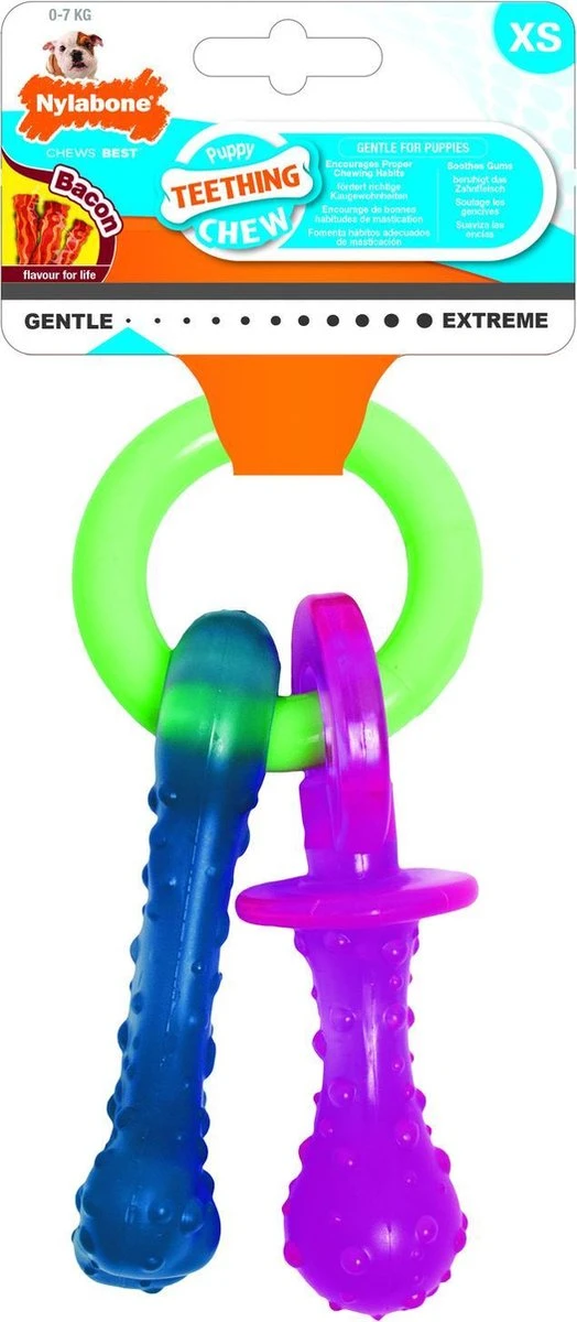 Nylabone Puppy Teething Pacifier Flexible - Hondenspeelgoed - Bacon 215x100x38 Mm 108 G Roze Blauw Groen Tot 11kg Small 1 Nylabone Puppy Teething Pacifier Flexible - Hondenspeelgoed - Bacon 215x100x38 Mm 108 G Roze Blauw Groen Tot 11kg Small