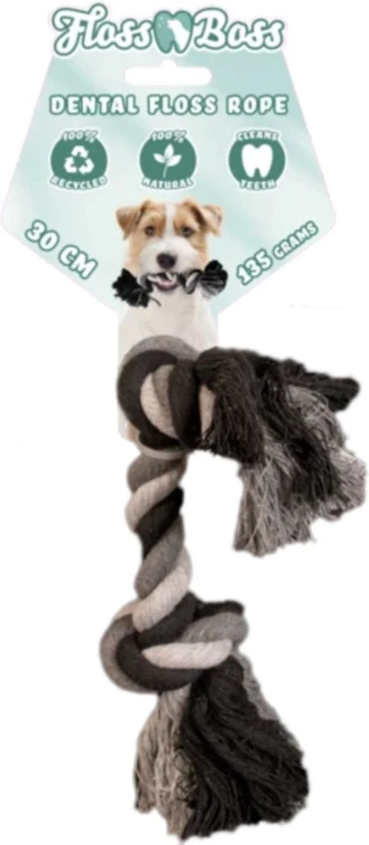 Floss Boss Flostouw – Zeer Stevig En Veilig Hondenspeelgoed – Hondentouw Van Gerecycled Katoen – Grijs Trektouw – 30cm - 135g – 2 Knopen 5 Floss Boss Flostouw – Zeer Stevig En Veilig Hondenspeelgoed – Hondentouw Van Gerecycled Katoen – Grijs Trektouw – 30cm - 135g – 2 Knopen - Afbeelding 5