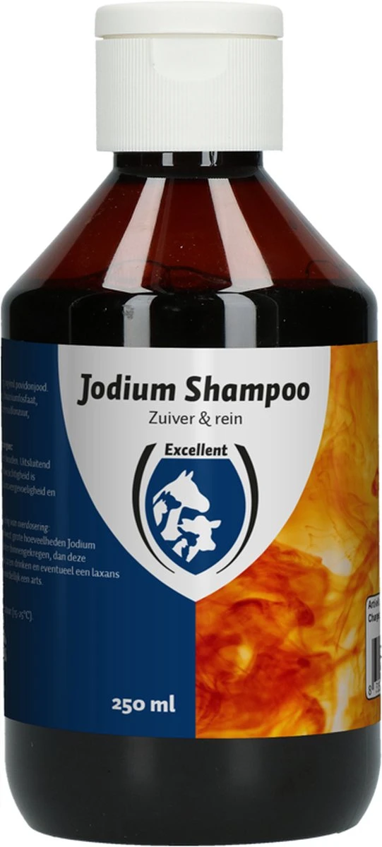 Excellent Jodium Shampoo - Voor Het Zuiveren En Reinigen Van De Behaarde Vacht En Onderliggende Huiddelen - Geschikt Voor Dieren - 250 Ml 1 Excellent Jodium Shampoo - Voor Het Zuiveren En Reinigen Van De Behaarde Vacht En Onderliggende Huiddelen - Geschikt Voor Dieren - 250 Ml