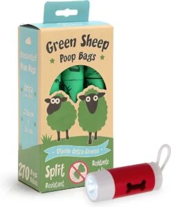 Green Sheep Hondenpoepzakjes Inclusief Poepzakjeshouder Met Zaklamp - 270 Stuks - Milieuvriendelijk - Biologisch Afbreekbaar - Poepzakjes Hond - 33 X 22,5 Cm – Inclusief Poepzakjes Dispenser Met Karabijnhaak En Lamp - Extra Dik